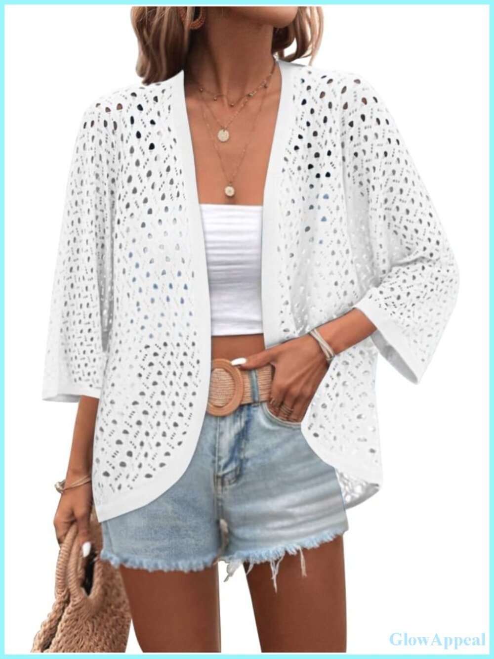 Women's Crochet Cardigan 3/4 Sleeve Batwing Kimono Lightweight Polyester Knit